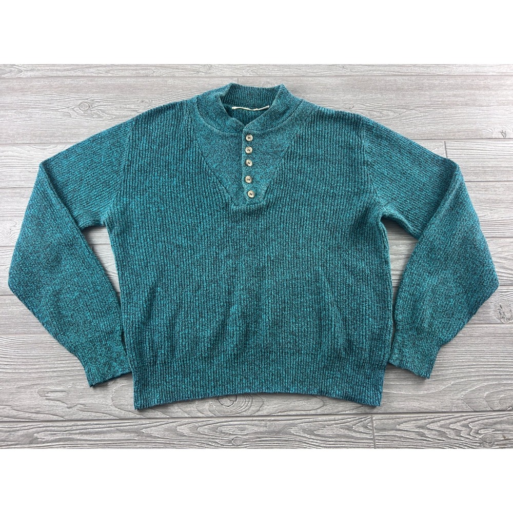 Vintage St Johns Bay Mens Medium Tall Teal Ribbed Cotton Henley Sweater USA Made